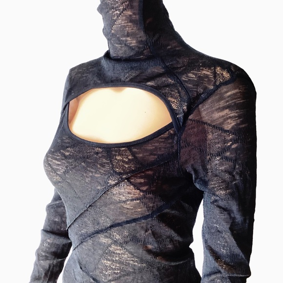 EUC Punk Rave Long Sleeve Sheer High Neck Cutout Blouse - Picture 4 of 9